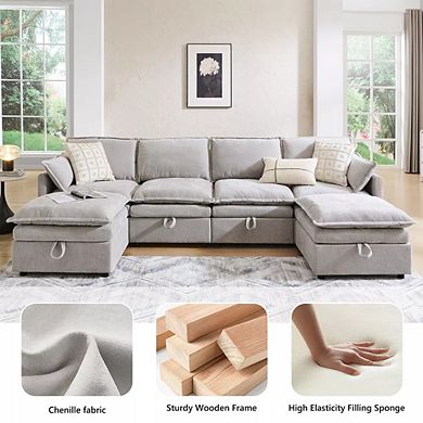 116.54" Modular U-Shaped Sectional Sofa with Storage Ottoman, 6-Seat Chenille Couch with Pillows