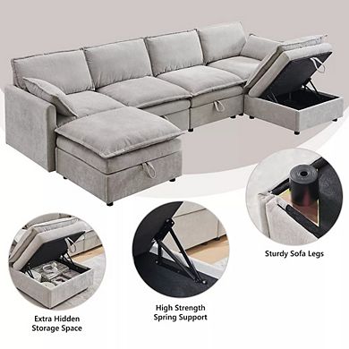 116.54" Modular U-Shaped Sectional Sofa with Storage Ottoman, 6-Seat Chenille Couch with Pillows