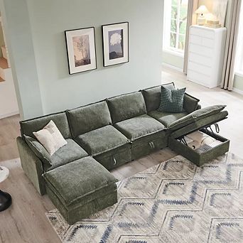 116.54" Modular U-Shaped Sectional Sofa with Storage Ottoman, 6-Seat Chenille Couch with Pillows