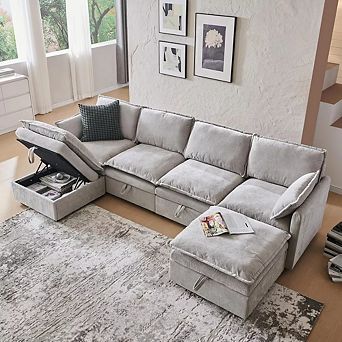 116.54" Modular U-Shaped Sectional Sofa with Storage Ottoman, 6-Seat Chenille Couch with Pillows