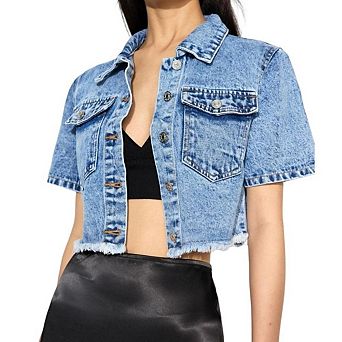 Women's Cropped Denim Jacket Button-Down Jean Jacket Short Sleeve Blue Coat