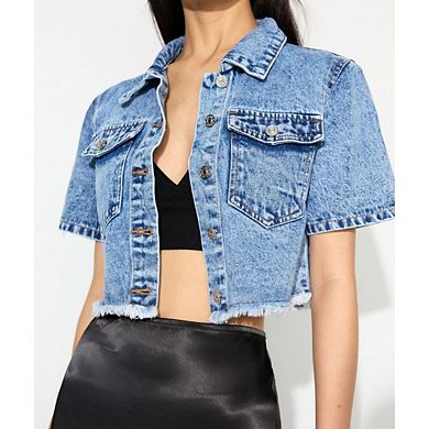 Women's Cropped Denim Jacket Button-Down Jean Jacket Short Sleeve Blue Coat