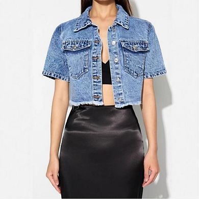 Women's Cropped Denim Jacket Button-Down Jean Jacket Short Sleeve Blue Coat