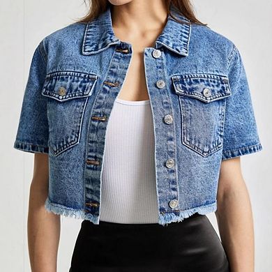 Women's Cropped Denim Jacket Button-Down Jean Jacket Short Sleeve Blue Coat