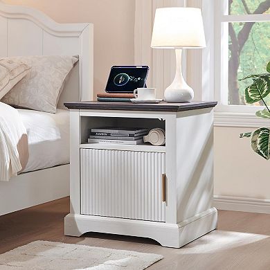 2PCS 22" Modern Nightstand with Charging Station, 2 Drawer, Open Shelf, Bedside Table for Bedroom