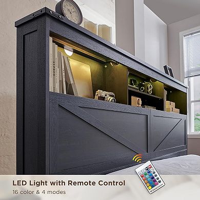 Farmhouse Full Size Bed Frame with 4 Drawers, 52" Tall Headboard with LED Light and Charging Station