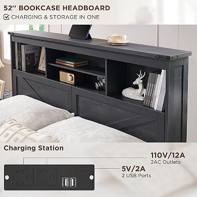 Farmhouse Full Size Bed Frame with 4 Drawers, 52" Tall Headboard with LED Light and Charging Station