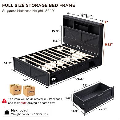 Farmhouse Full Size Bed Frame with 4 Drawers, 52" Tall Headboard with LED Light and Charging Station