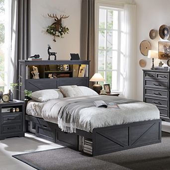Farmhouse Full Size Bed Frame with 4 Drawers, 52" Tall Headboard with LED Light and Charging Station