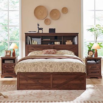 Farmhouse Full Size Bed Frame with 4 Drawers, 52" Tall Headboard with LED Light and Charging Station