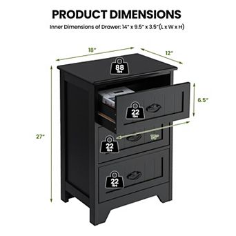Black Wooden Nightstand with 3 Drawers for Bedroom Storage