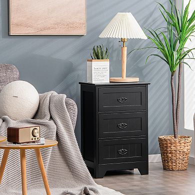 Black Wooden Nightstand with 3 Drawers for Bedroom Storage