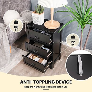Black Wooden Nightstand with 3 Drawers for Bedroom Storage