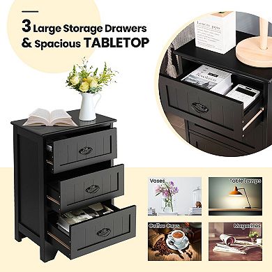 Black Wooden Nightstand with 3 Drawers for Bedroom Storage