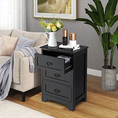 Black Wooden Nightstand with 3 Drawers for Bedroom Storage