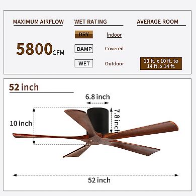 52" Modern Black 5 Wood Blades Flush Mount Standard Ceiling Fan with DC Motor and Remote Control