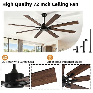72" Modern Black 8 Plywood Blades Flush Mount Standard Ceiling Fan with DC Motor and Remote