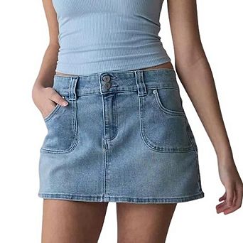 Women Denim Mini Skirt Light Wash Jean Skirt with Pockets