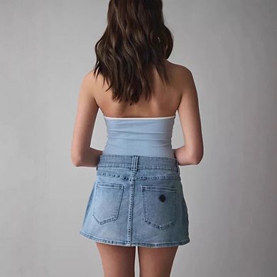 Women Denim Mini Skirt Light Wash Jean Skirt with Pockets