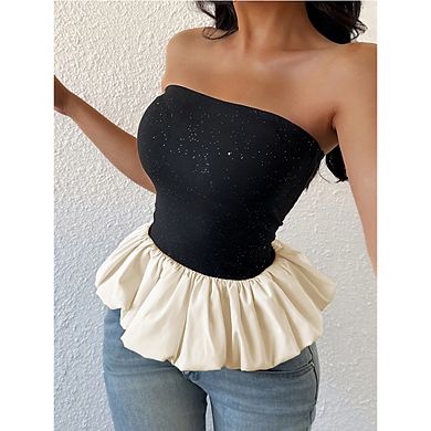 Women Glitter Strapless Tube Top Ruffle Hem Contrast Peplum Crop Top