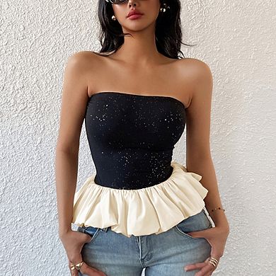 Women Glitter Strapless Tube Top Ruffle Hem Contrast Peplum Crop Top