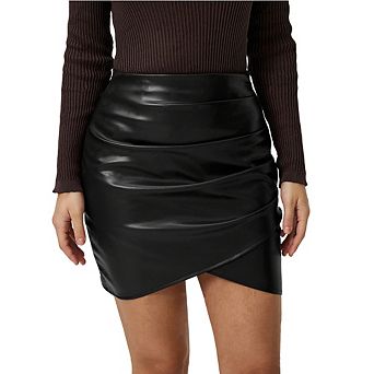 Women Faux Leather Mini Skirt Ruched Asymmetrical Hem Bodycon Skirt