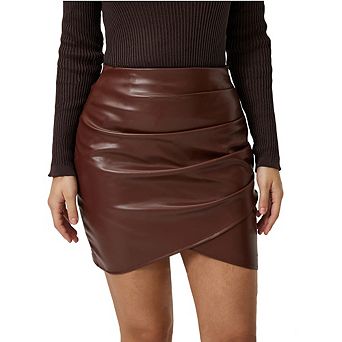 Women Faux Leather Mini Skirt Ruched Asymmetrical Hem Bodycon Skirt