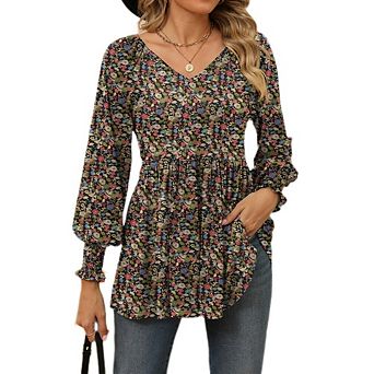 Womens Floral Tops Long Sleeve Fall Shirts Babydoll Peplum Tops V Neck Tunic Dressy Casual Blouses