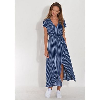 Women's Boho Dress Short Sleeve Wrap V Neck Long Flowy Causal Beach Summer Travel Dresses