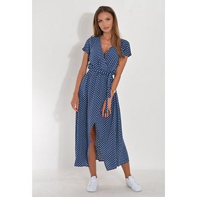 Women's Boho Dress Short Sleeve Wrap V Neck Long Flowy Causal Beach Summer Travel Dresses