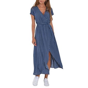 Women's Boho Dress Short Sleeve Wrap V Neck Long Flowy Causal Beach Summer Travel Dresses