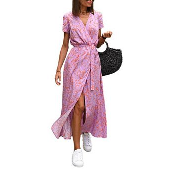Women's Boho Dress Short Sleeve Wrap V Neck Long Flowy Causal Beach Summer Travel Dresses