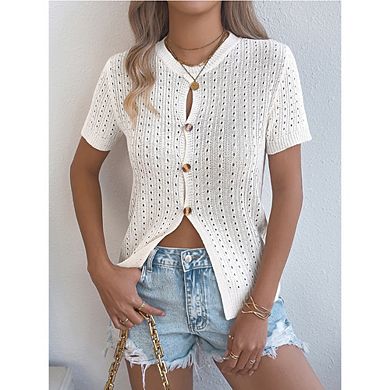 Women Eyelet Knit Short Sleeve Blouse Crew Neck Summer Top