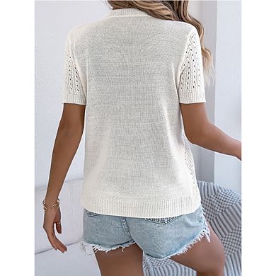 Women Eyelet Knit Short Sleeve Blouse Crew Neck Summer Top