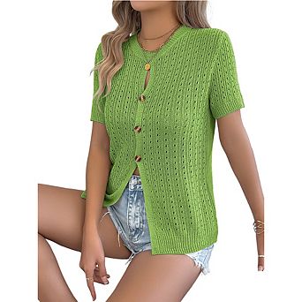 Women Eyelet Knit Short Sleeve Blouse Crew Neck Summer Top