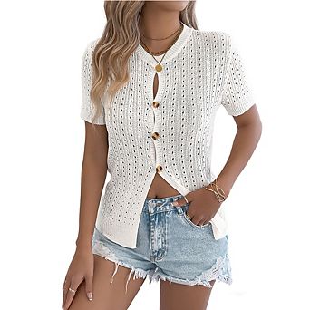Women Eyelet Knit Short Sleeve Blouse Crew Neck Summer Top