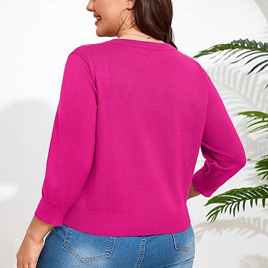 Women Plus Size 3/4 Sleeve Knit Cardigan Lightweight Open Front Button-Up Top