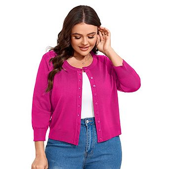 Women Plus Size 3/4 Sleeve Knit Cardigan Lightweight Open Front Button-Up Top