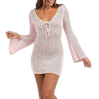 Women Swimsuit Crochet Coverup Bell Sleeve Tied Beach Knit Bathing Mesh Bikini Hollow Out Cover Ups