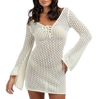 Women Swimsuit Crochet Coverup Bell Sleeve Tied Beach Knit Bathing Mesh Bikini Hollow Out Cover Ups