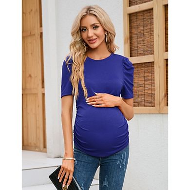 Women's Maternity Top Rib Knit Puff Sleeve Crew Neck Ruched Slim Fit Pregnancy Tee