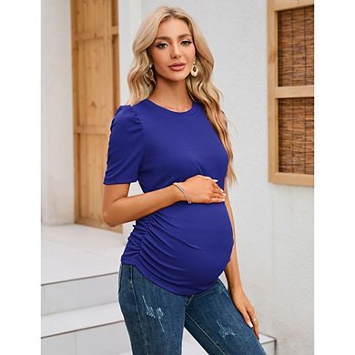 Women's Maternity Top Rib Knit Puff Sleeve Crew Neck Ruched Slim Fit Pregnancy Tee