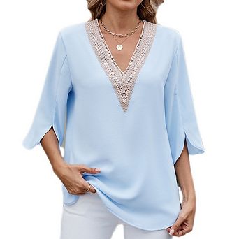 Women's 3/4 Sleeve Blouse V Neck Lace Trim Petal Sleeve Loose Fit Chiffon Top