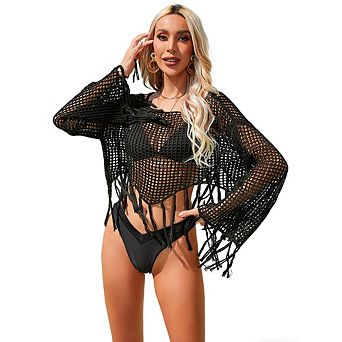 Women Crochet Beach Cover Up Long Sleeve Fringe Hem Swimwear Coverup