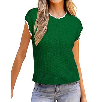 Women Contrast Trim Knit Top Casual Crew Neck Short Sleeve Sweater Vest