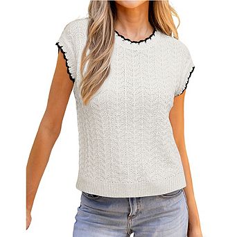 Women Contrast Trim Knit Top Casual Crew Neck Short Sleeve Sweater Vest