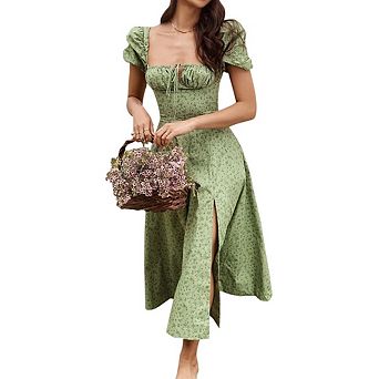 Women Floral Midi Dress Puff Short Sleeve Front Slit Square Neck Dress