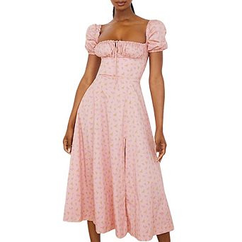 Women Floral Midi Dress Puff Short Sleeve Front Slit Square Neck Dress