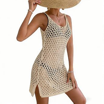 Women Swimsuit Bathing Suit Cover ups Crochet Beach Tank Dress Hollow Out Slit Bikini Cover Up