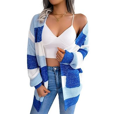 Women's Striped Cardigan Sweaters Causal Long Sleeve Open Front Button Down Knit Outwear